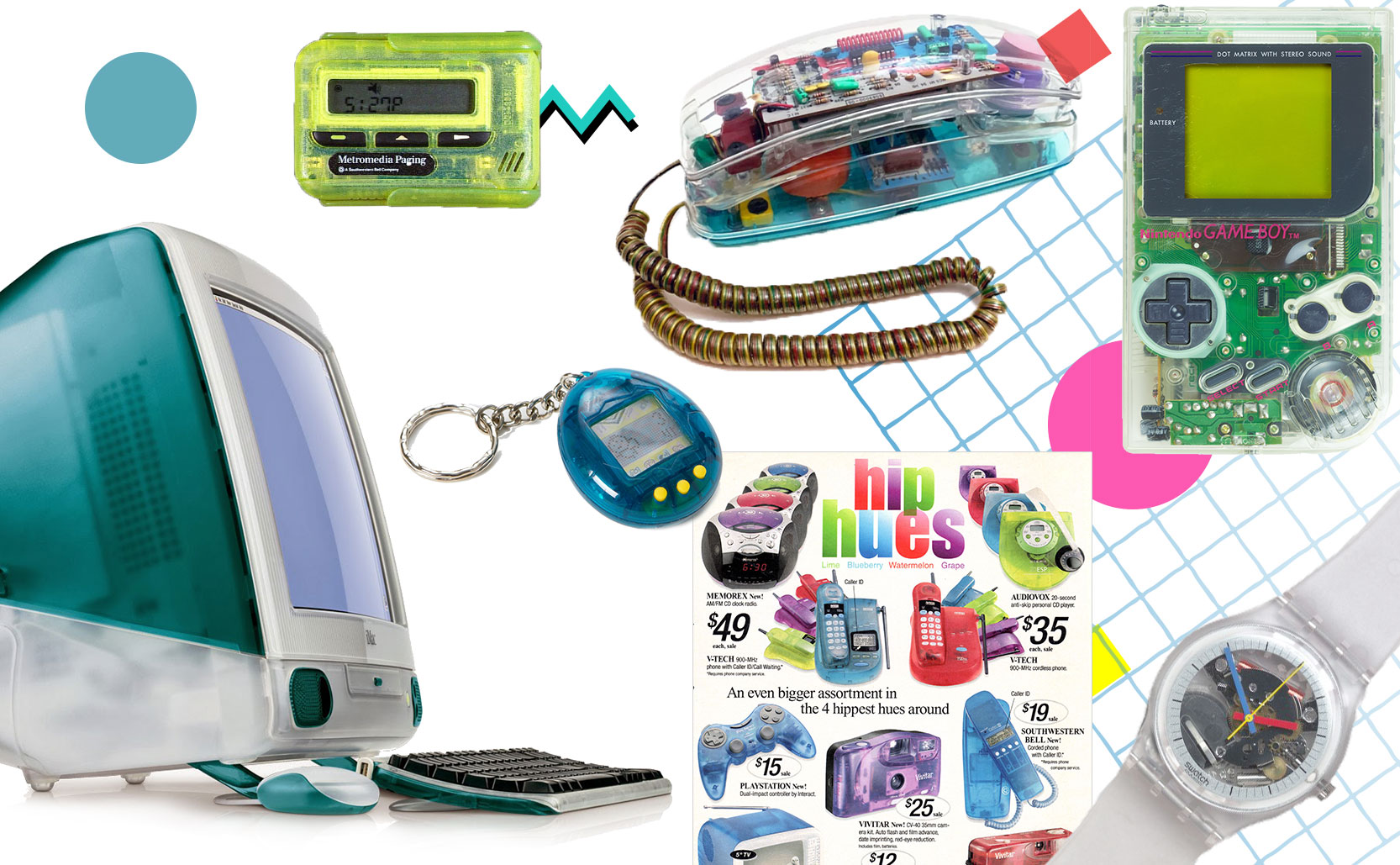 A collage of clear electronics - the clear craze was more popular in electronics